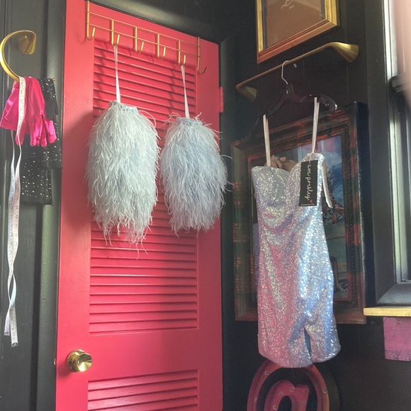 nwt ava presley size 8 couture gown feather sleeves , sequins , optional straps - Picture 4 of 17